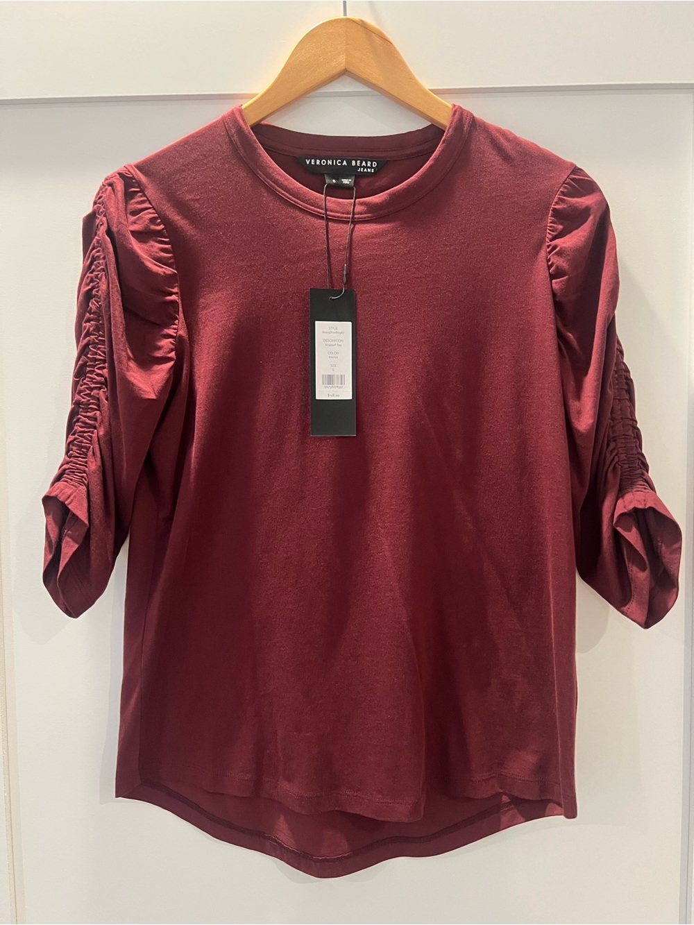 Veronica Beard Wine Red Ruched-Sleeve Short Sleeve Top